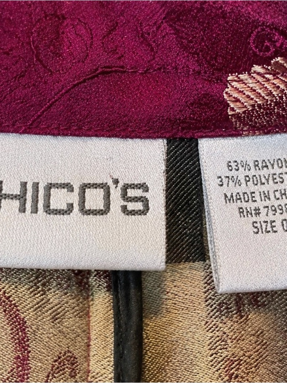 Vintage Chico's Floral Satin Blazer in Burgundy with Cream & Light Blue Accents - Picture 2 of 4